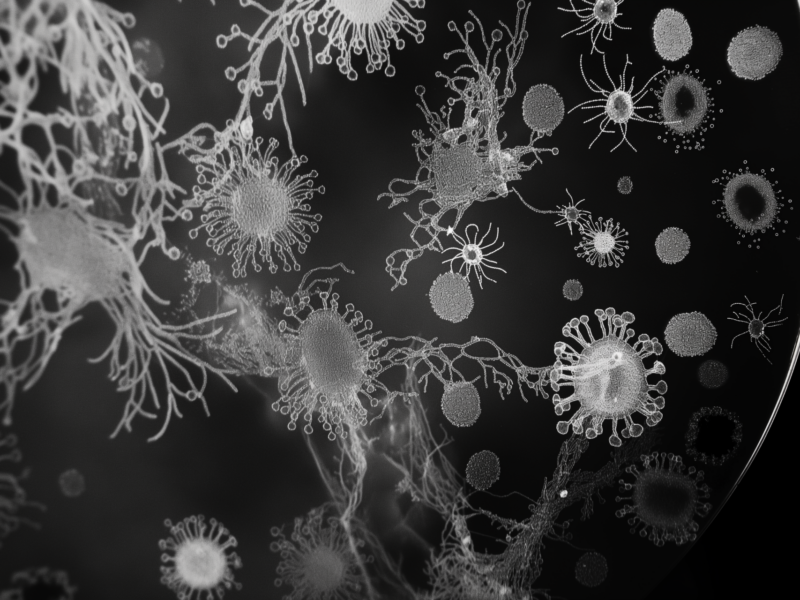 En AI genererad bild på bakterier i svart och vitt